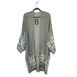 Eleven Eleven Womens Embroidered Kimono One Size Green Bohemian Coquette Preppy